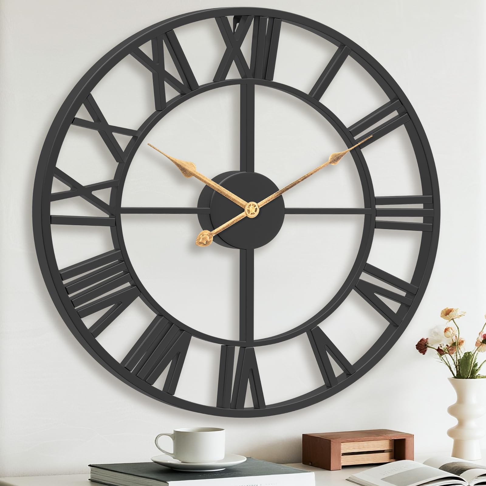 Pytha Sight Large Wall Clock,60CM Black Big Skeleton Modern Decorative Roman Numerals Silent Vintage Wall Clocks for Living Room,Kitchen,Bedroom,Office,Fireplace,Home