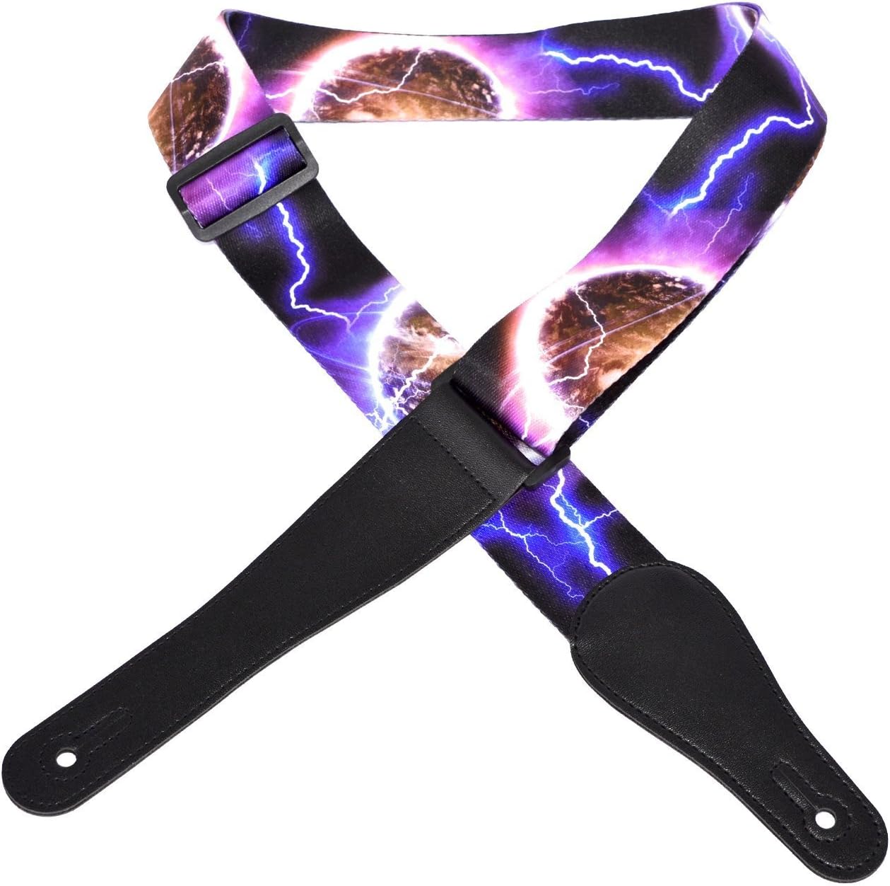 Polyester Cotton Guitar Strap with Leather Ends For Bass Electric & Acoustic Guitars (Lightning-C)