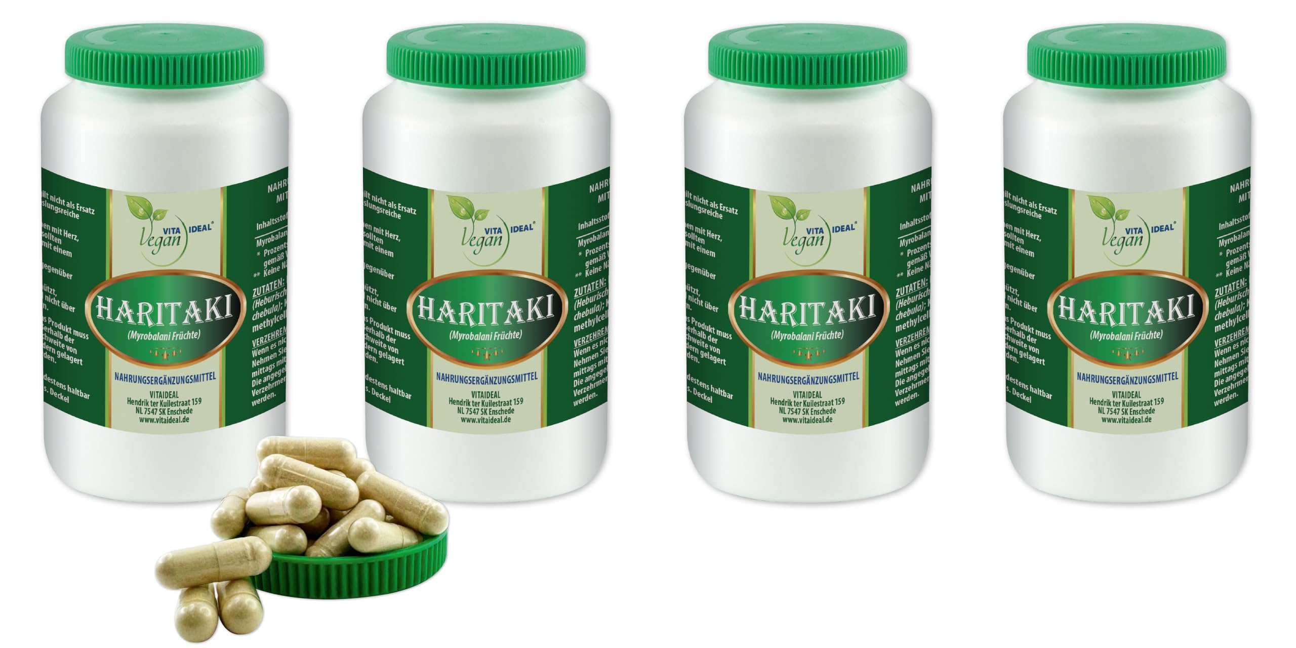 VITA IDEAL Vegan® HARITAKI - Früchte 4x 360 KAPSELN - Myrobalani Früchte - Tagesportion 1000mg, HARITAKI FRÜCHTE reines Pulver. Natürlich, pflanzlich & ohne Zusatzstoffe.