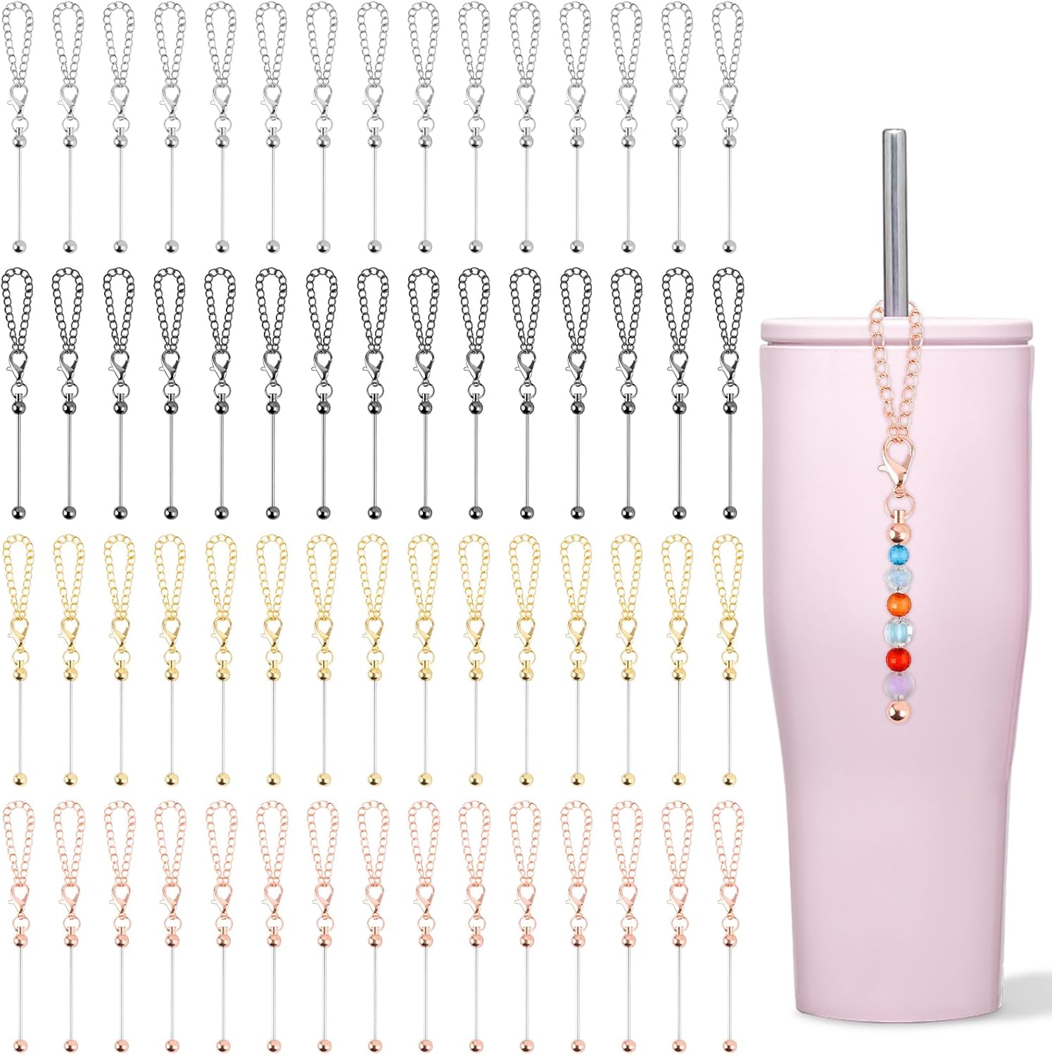 60 Pcs Beaded Cup Charms, Beadable Tumbler Straw Charm Compatible with Stanley Cup, DIY Bottle Keychains Accessories Bulk for Tumblers with Handle Cups(4 Colors)