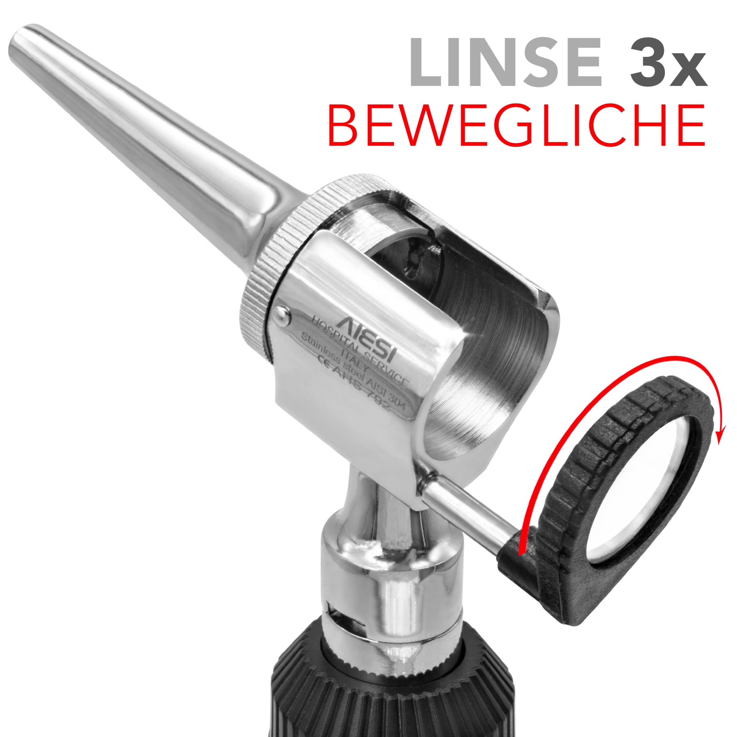 AIESI® Otoskop mit licht Veterinär professionell offenherzig weißlicht LED 3V beleuchtung mit 3 edelstahlkegeln VETSCOPE, Garantie 24 Monate