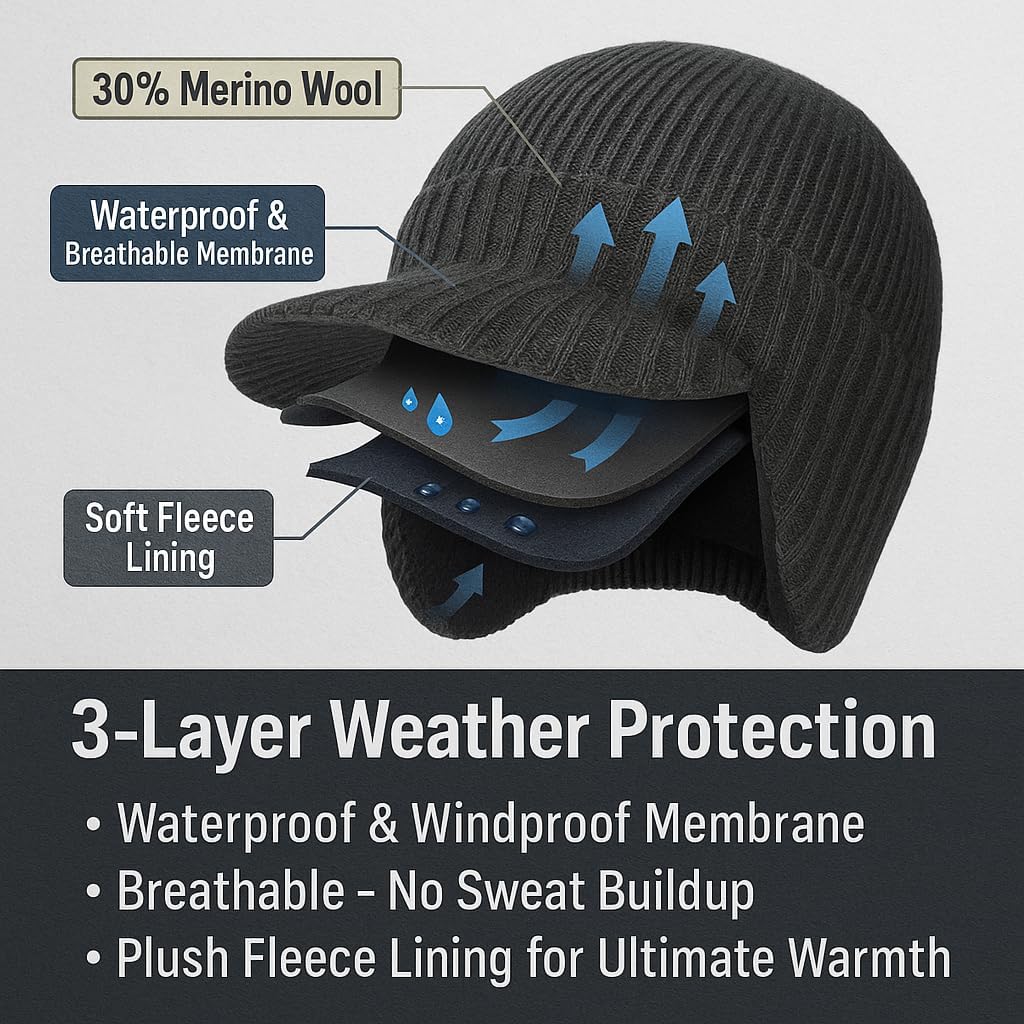 Plus Size M/L/XL/XXL Waterproof Merino Wool Beanie Hat with Brim Ear Flaps Fleece Lined Ski Cap for Cold Weather & Big Heads - Image 3