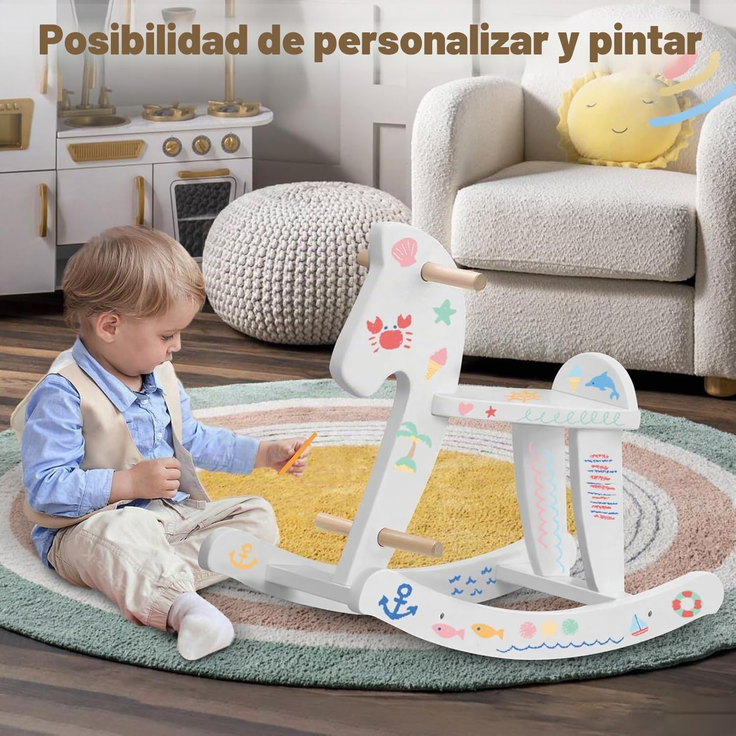 Labebe Bebé Mecedora Madera Blanco, Caballito Blanco para bebé 1-3 años, Caballo Mecedora Caballo pequeño/Columpio niño/Caballito/Animal Swing