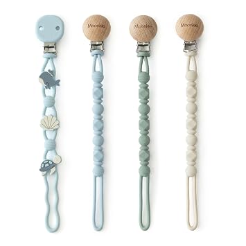 Moonkie Silicone Pacifier Clips for Baby Durable One-Piece Binky Holder, Mixed Styles Paci Clips, Baby Essentials for Newborn Boys & Girls - 4 Pack Sea Whispers