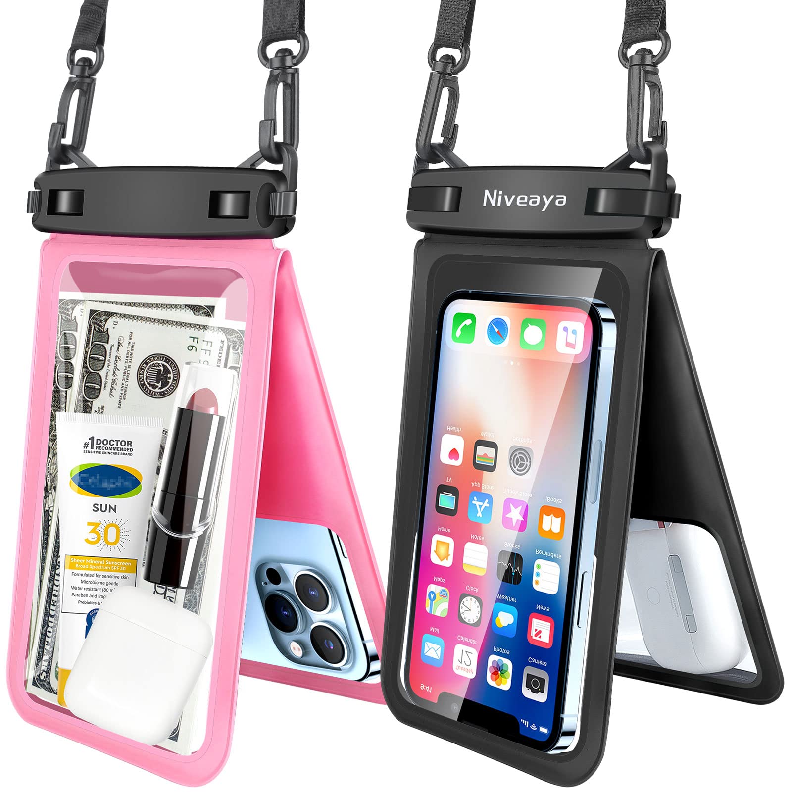 Niveaya Double Space Waterproof Phone Pouch - 2 Pack, Waterproof Phone Lanyard Case with iPhone 16/15/14/13/12 Pro Max up to 8.3", Phone Dry Bags for Vacation Beach Pool Kayak Cruise Travel Essentials