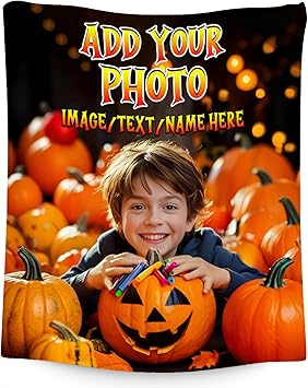 Personalized Blankets for Kids, Custom Blanket Gifts with Picture, Customized Photo Gifts, Warm Flannel Throw for Halloween Party Decoration (4 Sizes Choose)