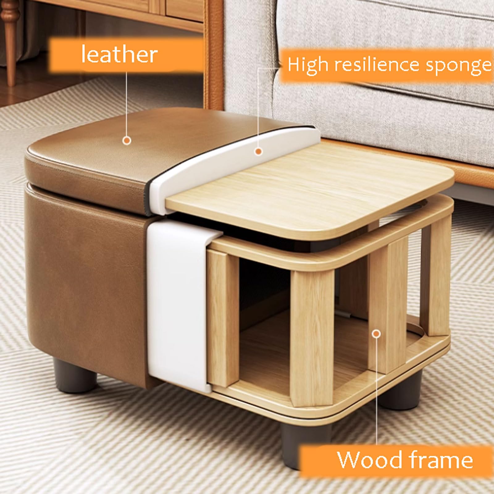 Robusto Ottomani in Pelle con Telaio in Legno Pieghevole Pieghevole Piede Riposo Robusto ottomano Sgabello Compatto Imbottito Pouf Pouf Ottoman risparmia Spazio