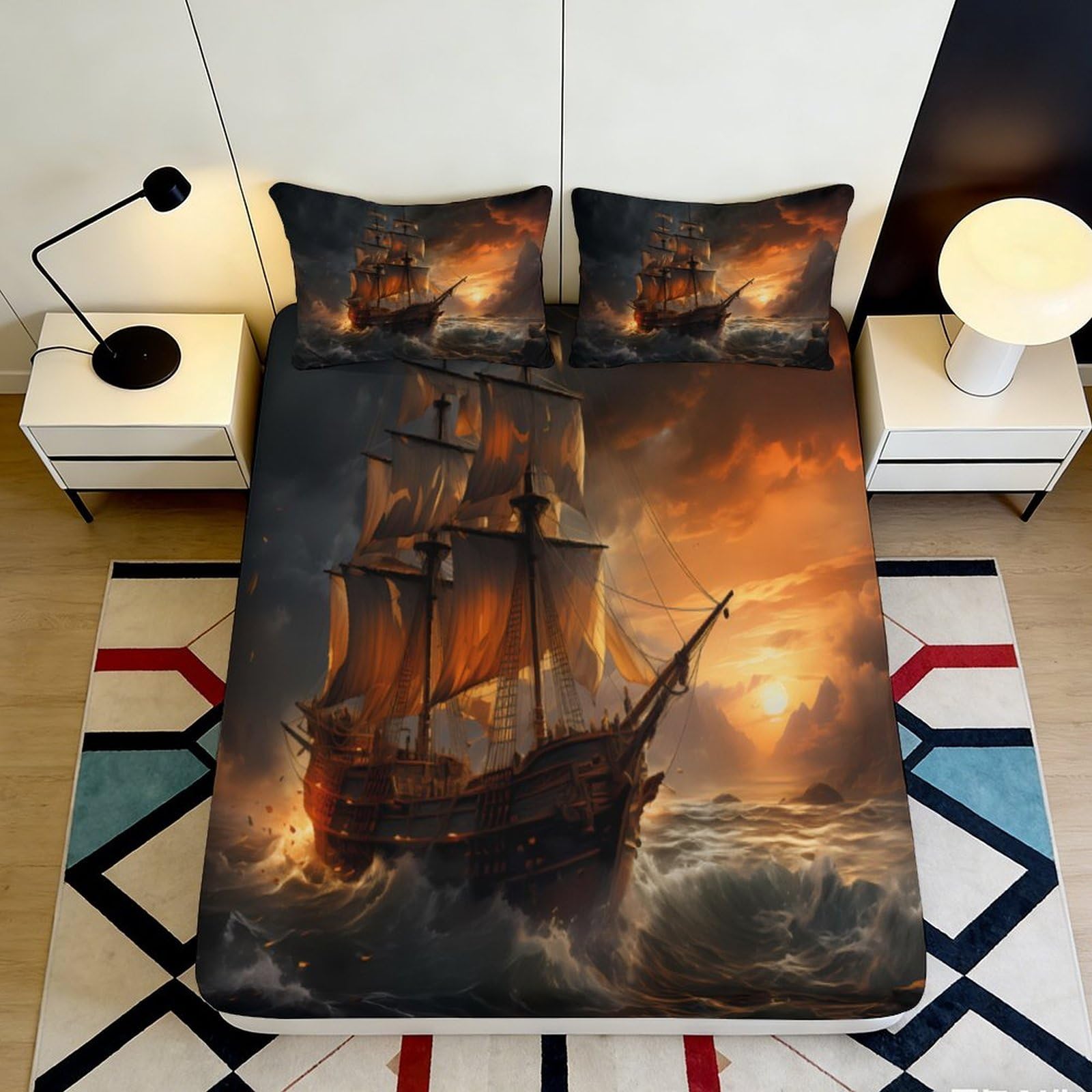 3D Printed Pirate Ship Fitted Sheet Microfiber Soft Ocean Sunset Bed Cover for Bedroom Dorm Mattress Decor 90x200x25cm