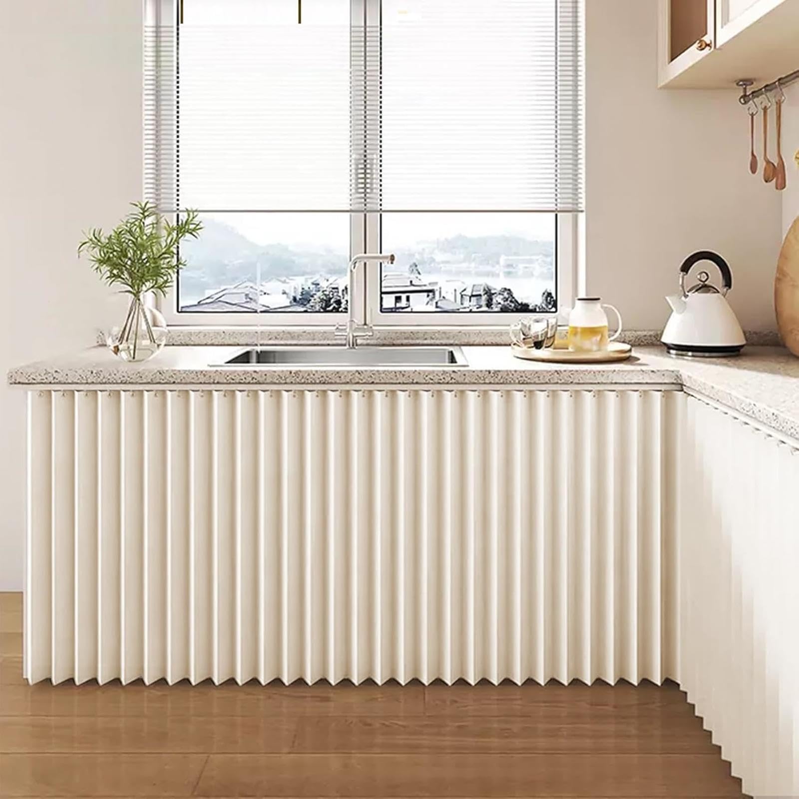 YZBZNG Cabinet Curtain for Kitchen Under Sink,magnetic Accordion Door Curtain,no-drill Self-adhesive Track Short Cabinet Curtains for Under Sink, Pantry,Beige-W180cm/H190cm