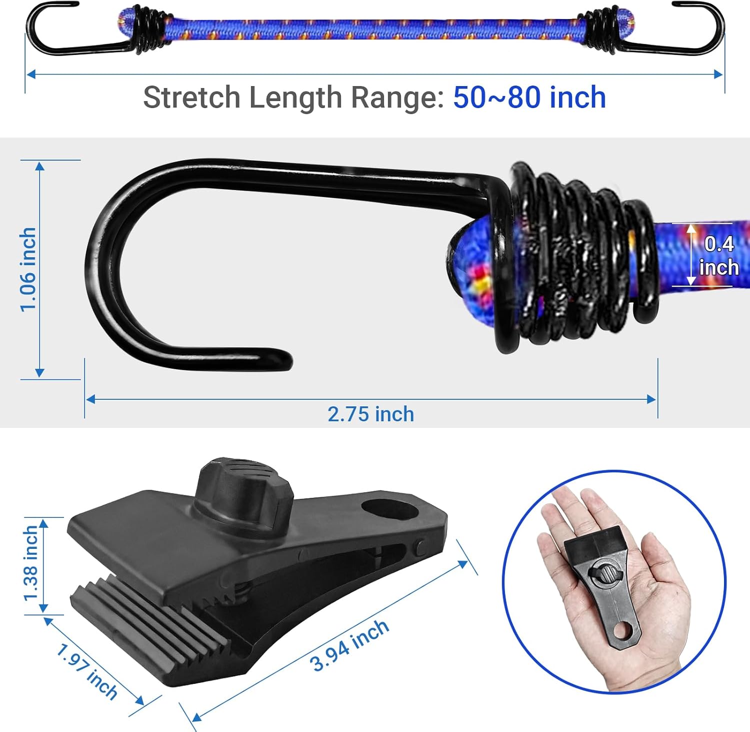 Hlogree 2PCS Car Cover Gust Straps Wind Protector,Bungee Cords Hook Clips Kit Hold Tarp Tie Down from Blowing Off in High Winds-Universal Fit for Most Cars,Sedans,SUVs,Trucks,Vans and More-Blue