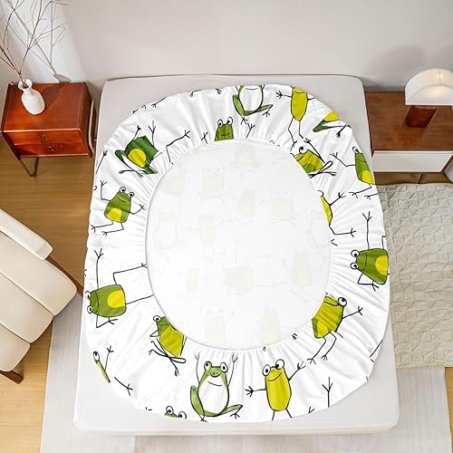 Miniatura 4 de Erosebridal Juego de sábanas de rana verde, divertido juego de sábanas de rana tamaño King, sábana bajera ajustable de animales salvajes de dibujos