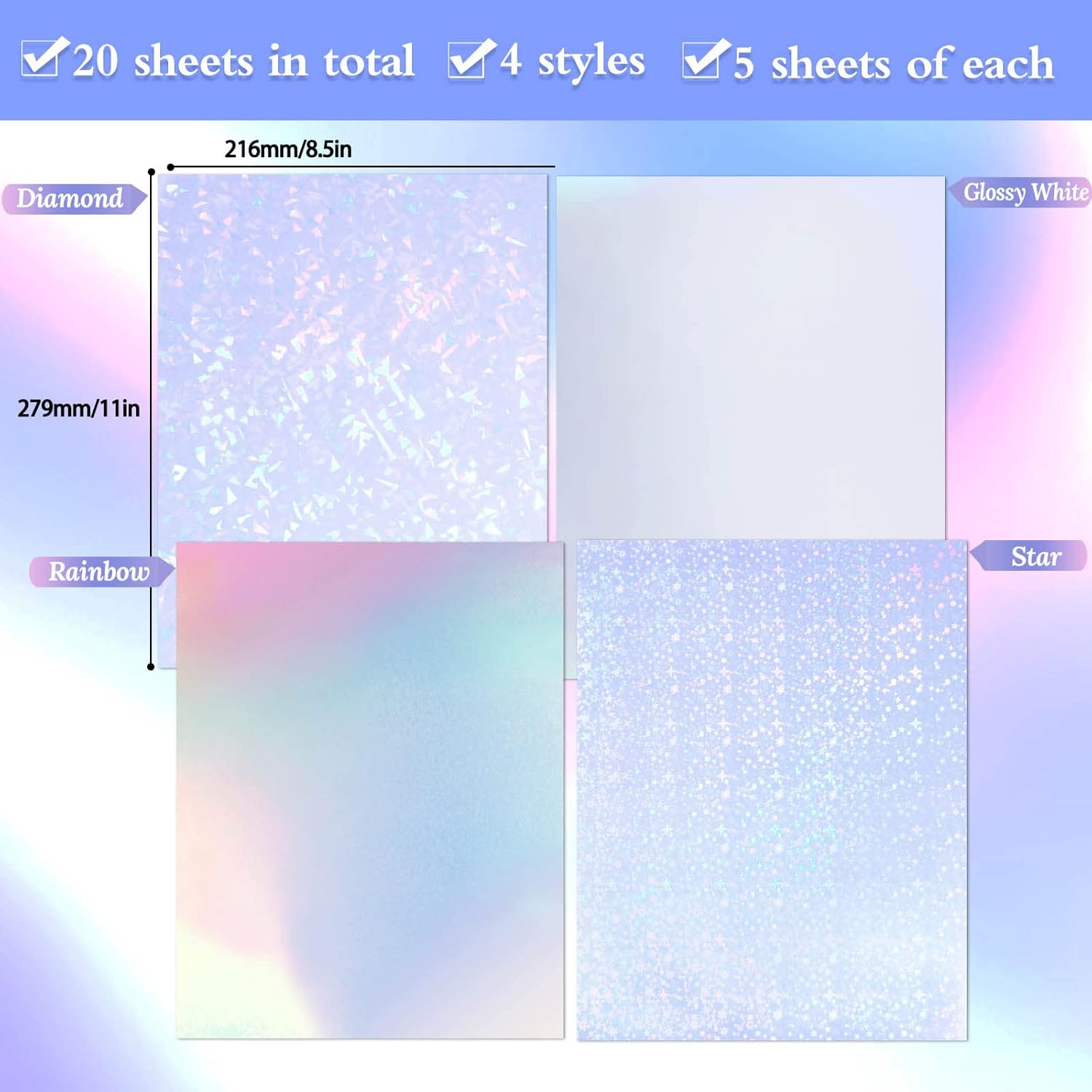 20 Sheets Holographic Printable Sticker Paper, 8.5x11 Inch Vinyl Sticker Paper for Inkjet & Laser Printer, Waterproof Dries Quickly Sticker Paper - Diamond/Rainbow/Glossy White/Star : Office Products
