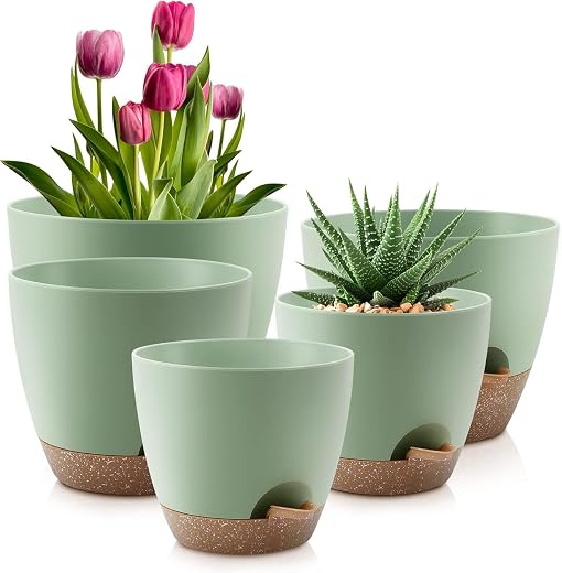INKULTURE Flower Pot for Indoor Plants – Self Watering Plant Pot Set of 5, Multi Size Plastic Planter with Drainage Hole &...