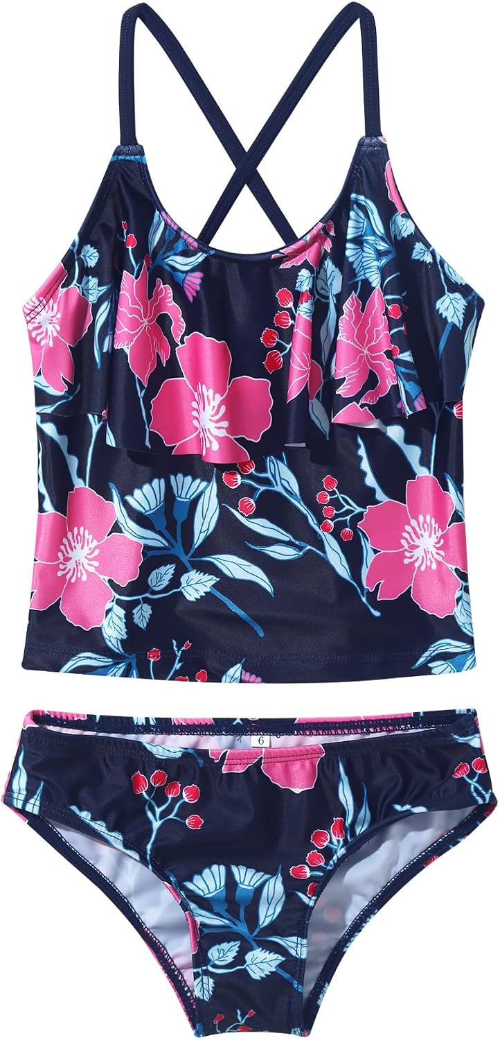 Kids Girls 2 Piece Tropical Print Tankini Sets Bathing Suit Spaghetti Strap Ruffles Hawaii Swimsuit