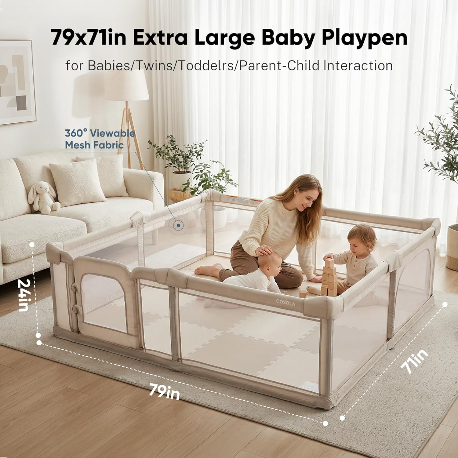 Foldable Baby Playpen with Double Door,Playpen for Babies and Toddler Play Yard with Breathable Mesh, Baby Fence Play Area for Indoor & Outdoor,71x79x24in,Light Khaki