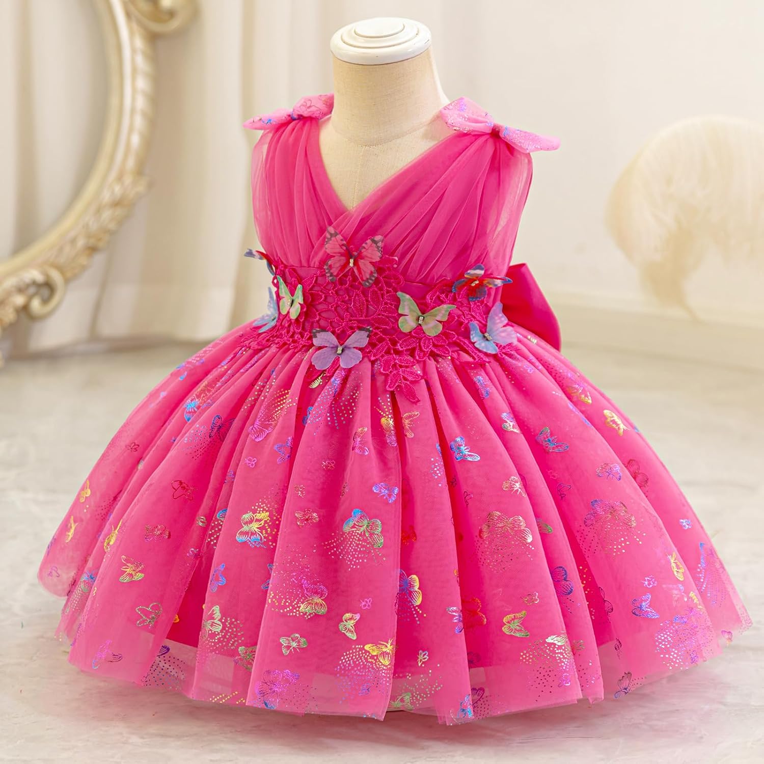 AWIBMK Kids Baby Girls Butterfly Tulle Tutu Dress Sleeveless Pleated V-Neck Bowknot Birthday Wedding Party Dresses - Image 3