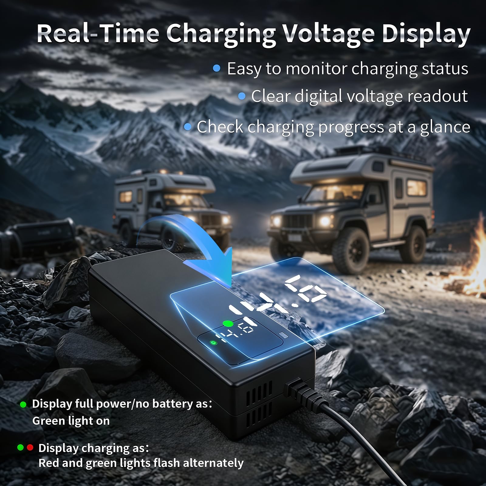 LiFePO4 Ladegerät 14,6V 5A mit Krokodilklemmen - 12V Lithium Akku mit LED Display