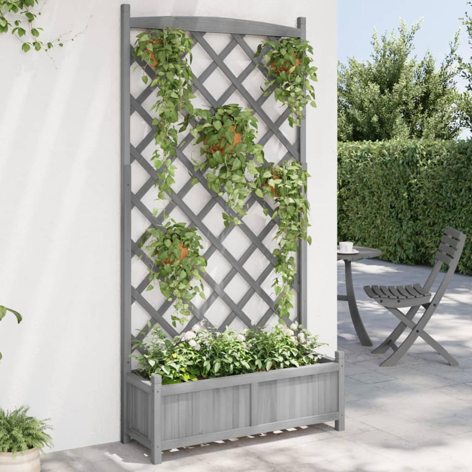 Homgoday Pflanzgefäß für den Außenbereich, Pflanzgefäß für den Garten, Pflanzgefäß mit grauem Rankgitter aus massivem Tannenholz