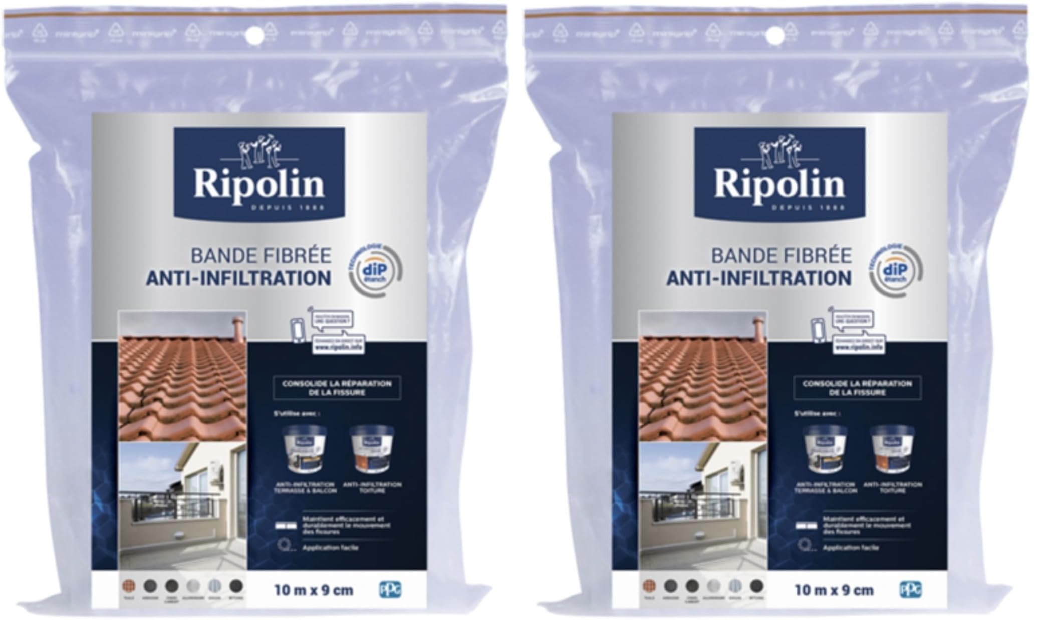RIPOLIN - Bande Fibrée Anti-Infiltration - Consolidation des Fissures - Tous Supports - 10 m x 9 cm (Lot de 2)