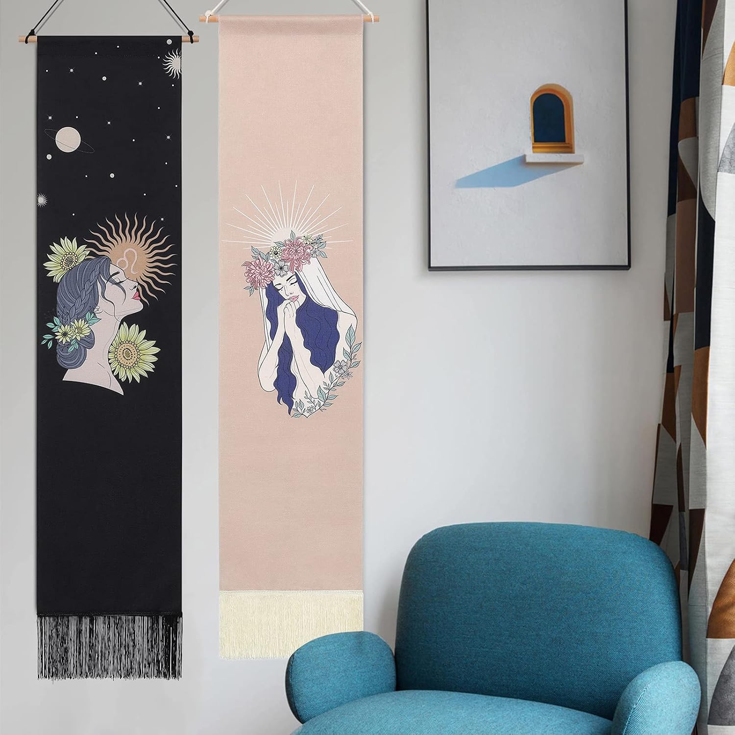 Ufgin Sun and Moon Tapestry Wall Hanging Long Tapestry Sun Tapestry Flower Tapestry for Bedroom (Beige+Black)