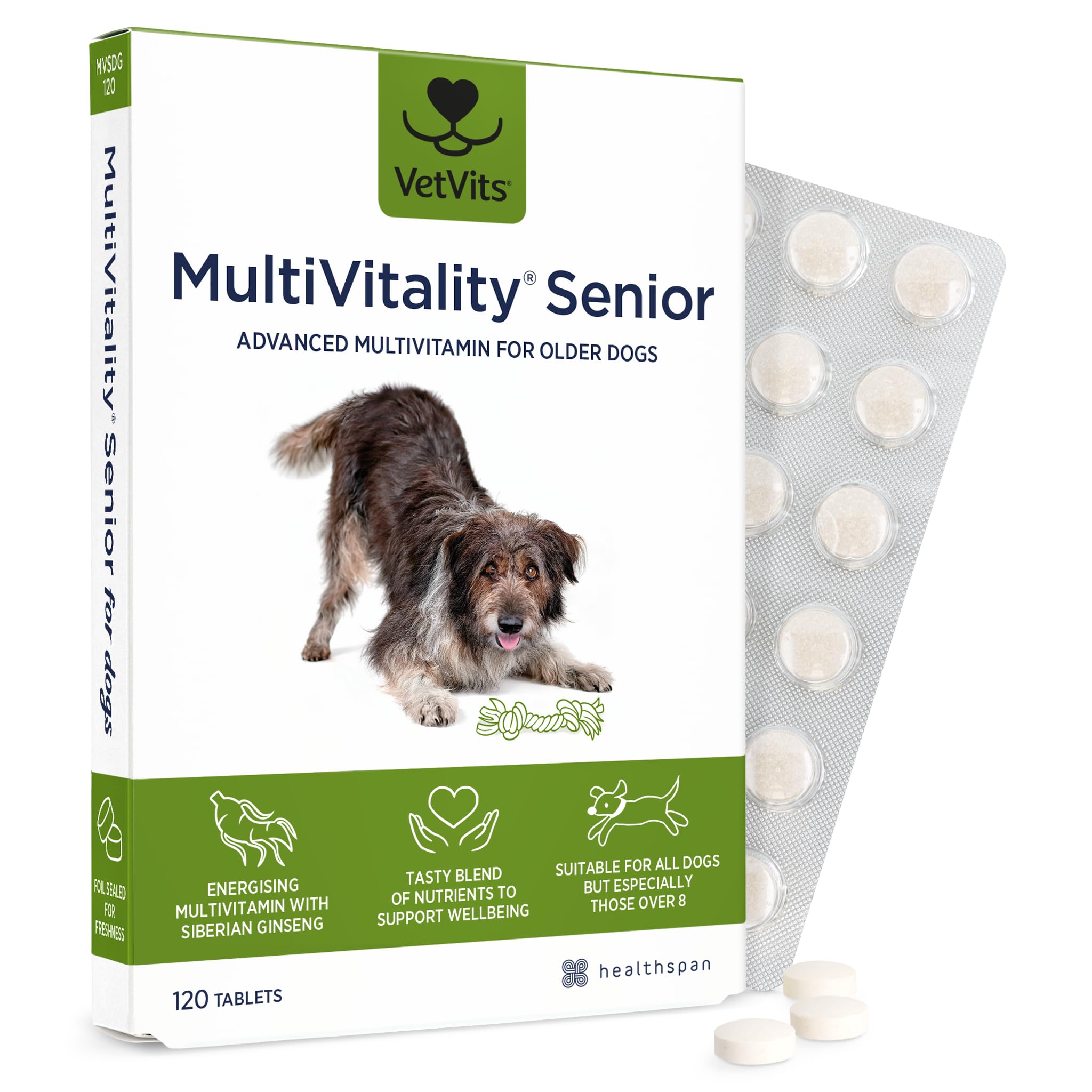 VetVits Multivitamin Senior (120 tablets) | Senior Advanced multivitamin for older dogs | Boosts energy and wellbeing | 15 essential nutrients | For energy, heart, joints and vitality