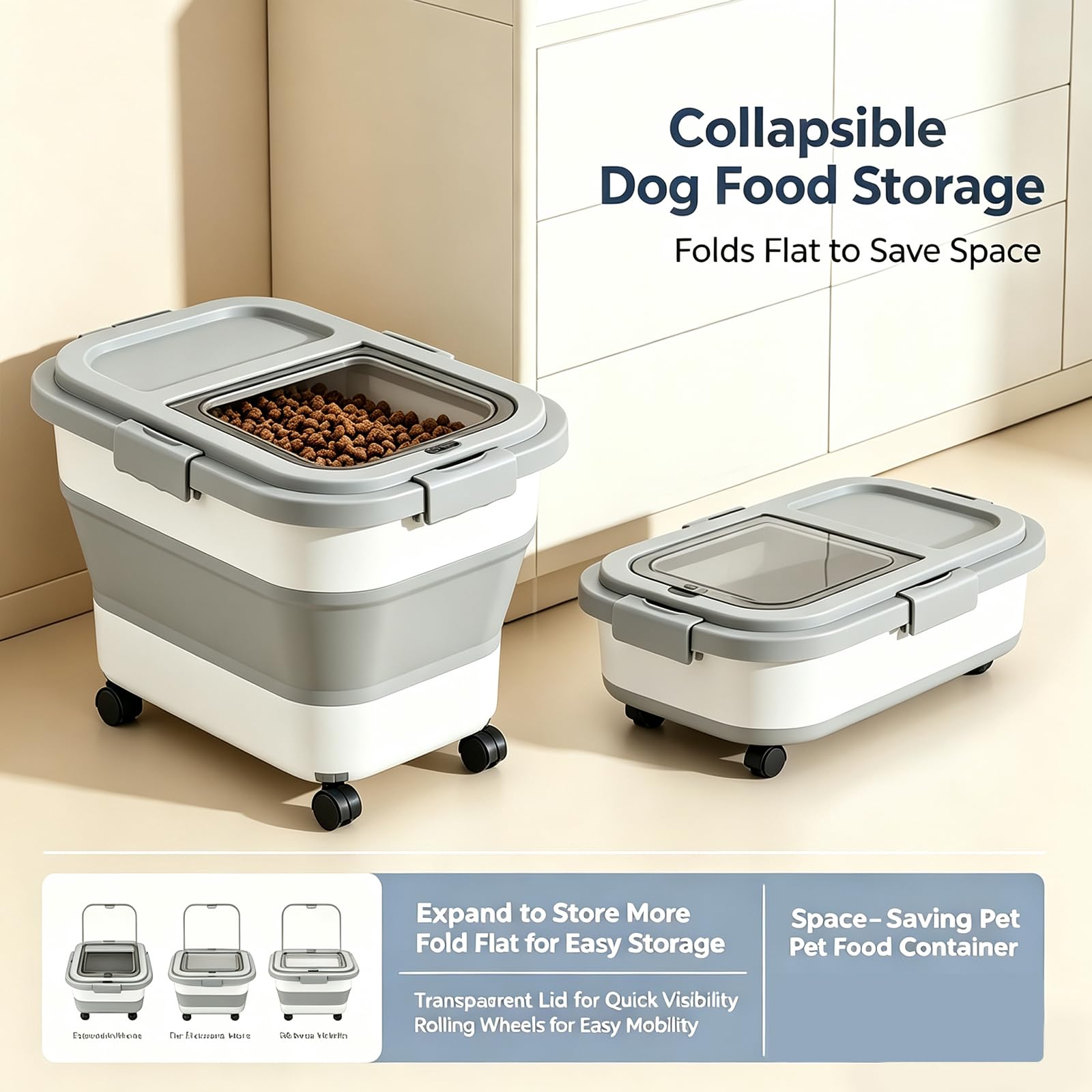 Almacenamiento plegable de comida para perros, 15 kg, contenedor de comida para perros, contenedor de comida para perros, contenedor de comida para animales, con pala, vaso medidor plegable