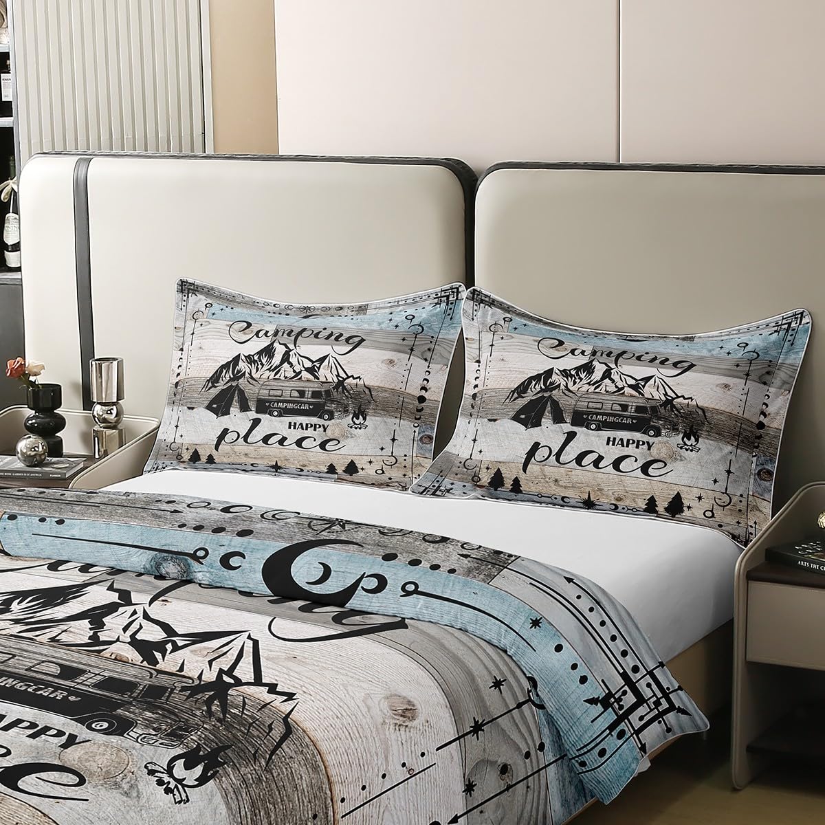 Homewish Housse de Couette 240 x 260 Coton Joyeux Camping, Parure de Lit Adulte Bois D'Époque, Couvre Lit 2 Personnes Véhicules de Loisirs, Linge de Lit et Oreillers pour Camping-Car de Voyage