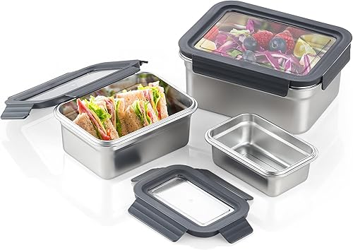 Miniatura 9 de BEFOY 4 recipientes de almacenamiento de alimentos de acero inoxidable con tapas, lonchera Bento a prueba de fugas y hermética para cocina,