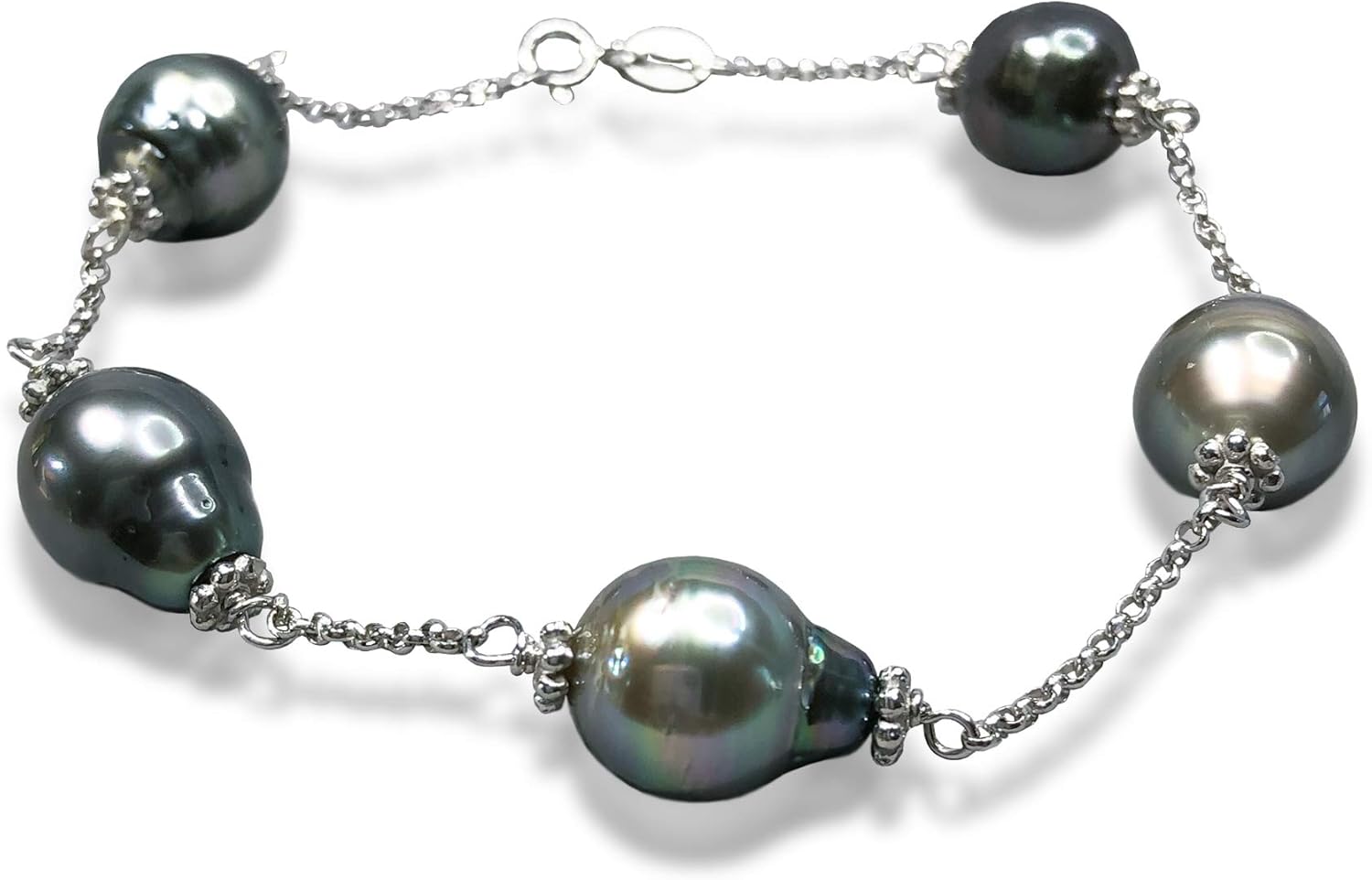 Sakura Jewelry Authentic Tahitian Pearl Bracelet, Baroque South Sea Black Pearls In Sterling Silver Chain-Link Bracelet, Tin Cup Saltwater Pearl Bracelet