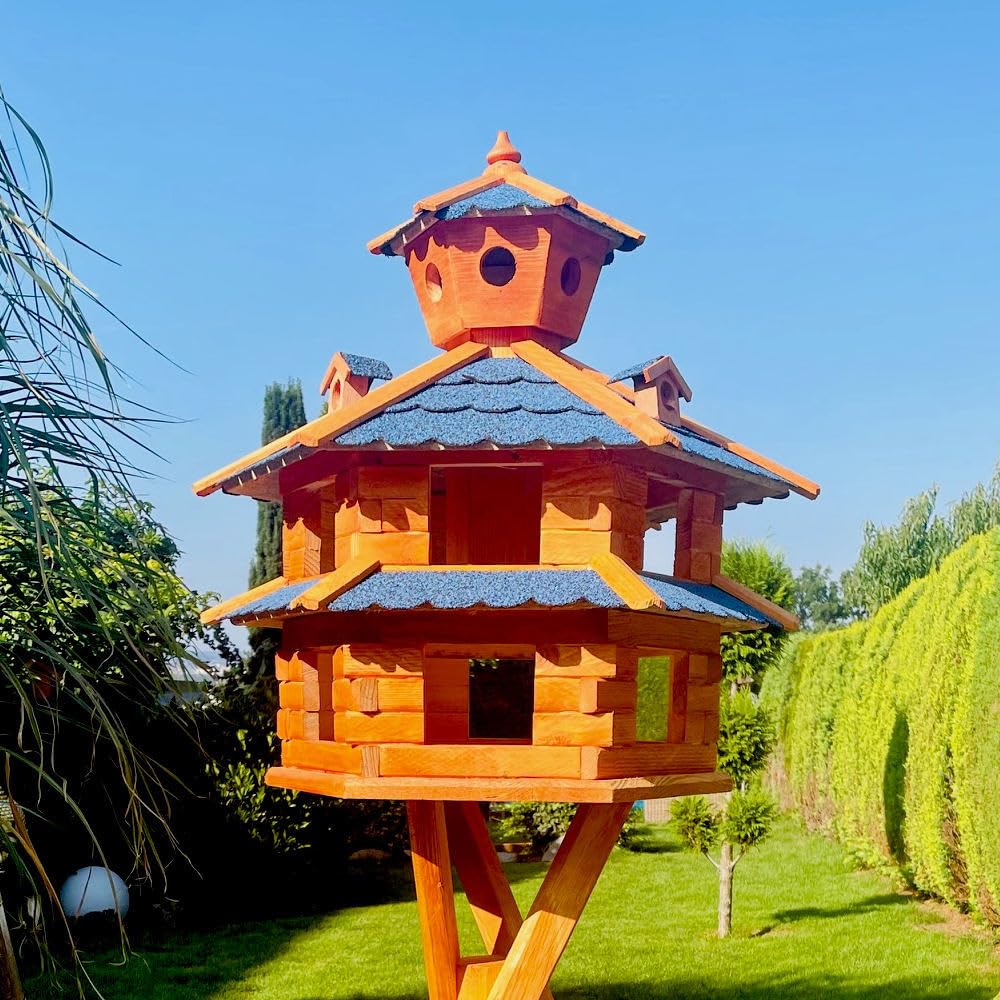 Villa para pájaros resistente a la intemperie, de L a XXL, comedero, con o sin soporte, en color marrón con rojo, verde o azul, para jardín y balcón (tamaño XXL, sin soporte, azul – marrón)