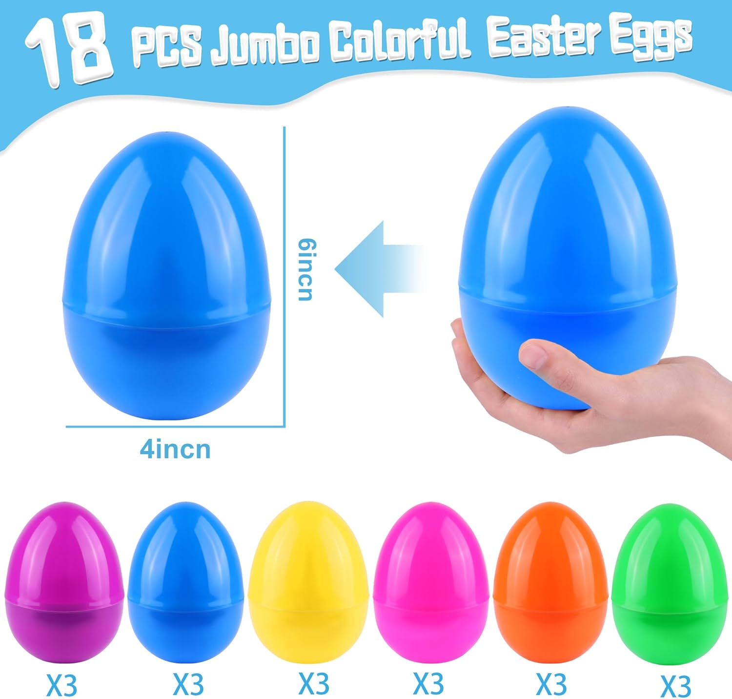 18 pcs jumbo easter eggs 6 inch giant plastic bright solid easter eggs assorted colors large fillable easter egg for easter party favor easter eggs hunt easter basket stuffers fillers classroom prize 18 colorful jumbo eggs