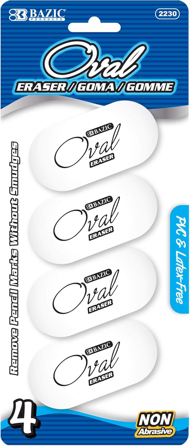 BAZIC Products Erasers, White Oval Eraser (4/Pack) Latex Free, Large Size Block Erasers for Art Drawing School Office Teachers, 24-Packs