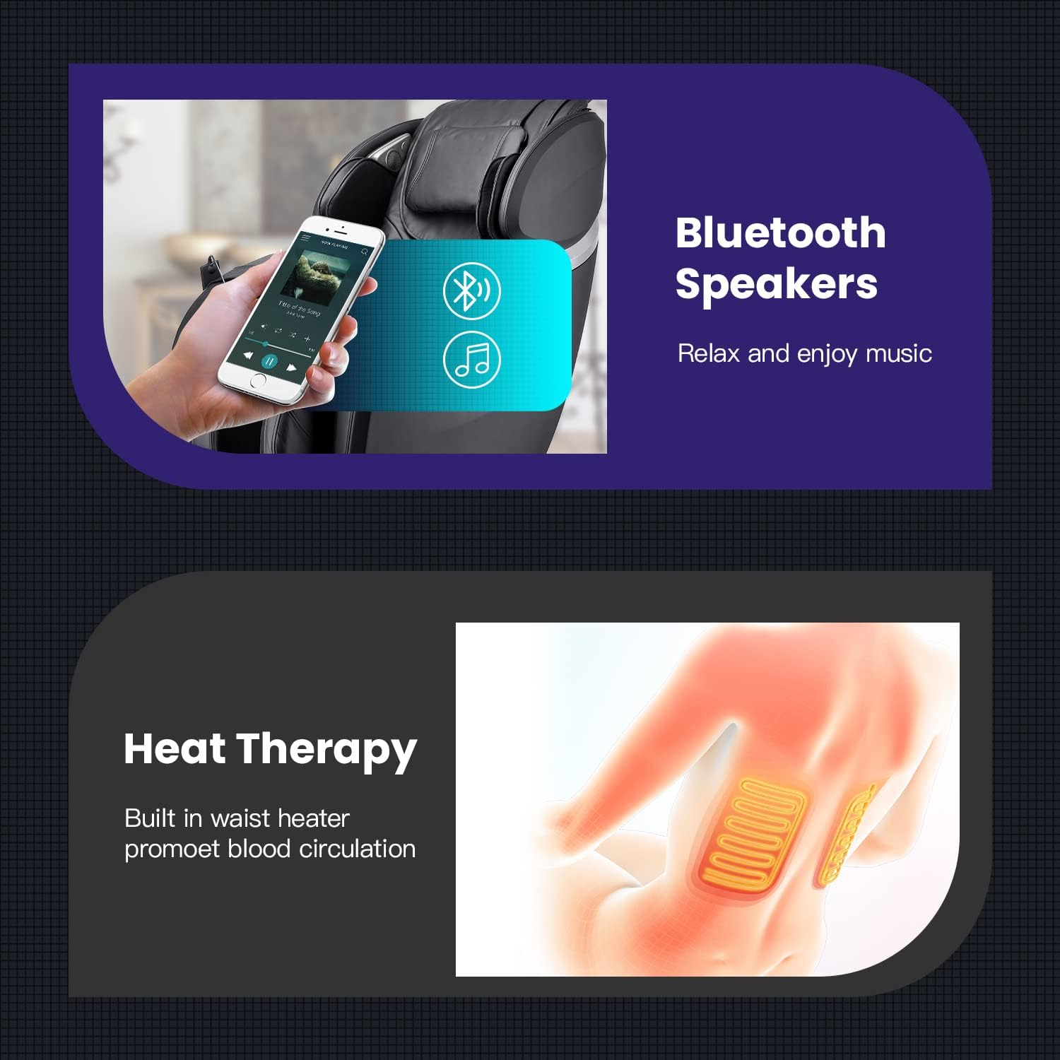 Two panels showing Bluetooth speakers with a phone playing music, and a diagram of heat therapy in the waist area.