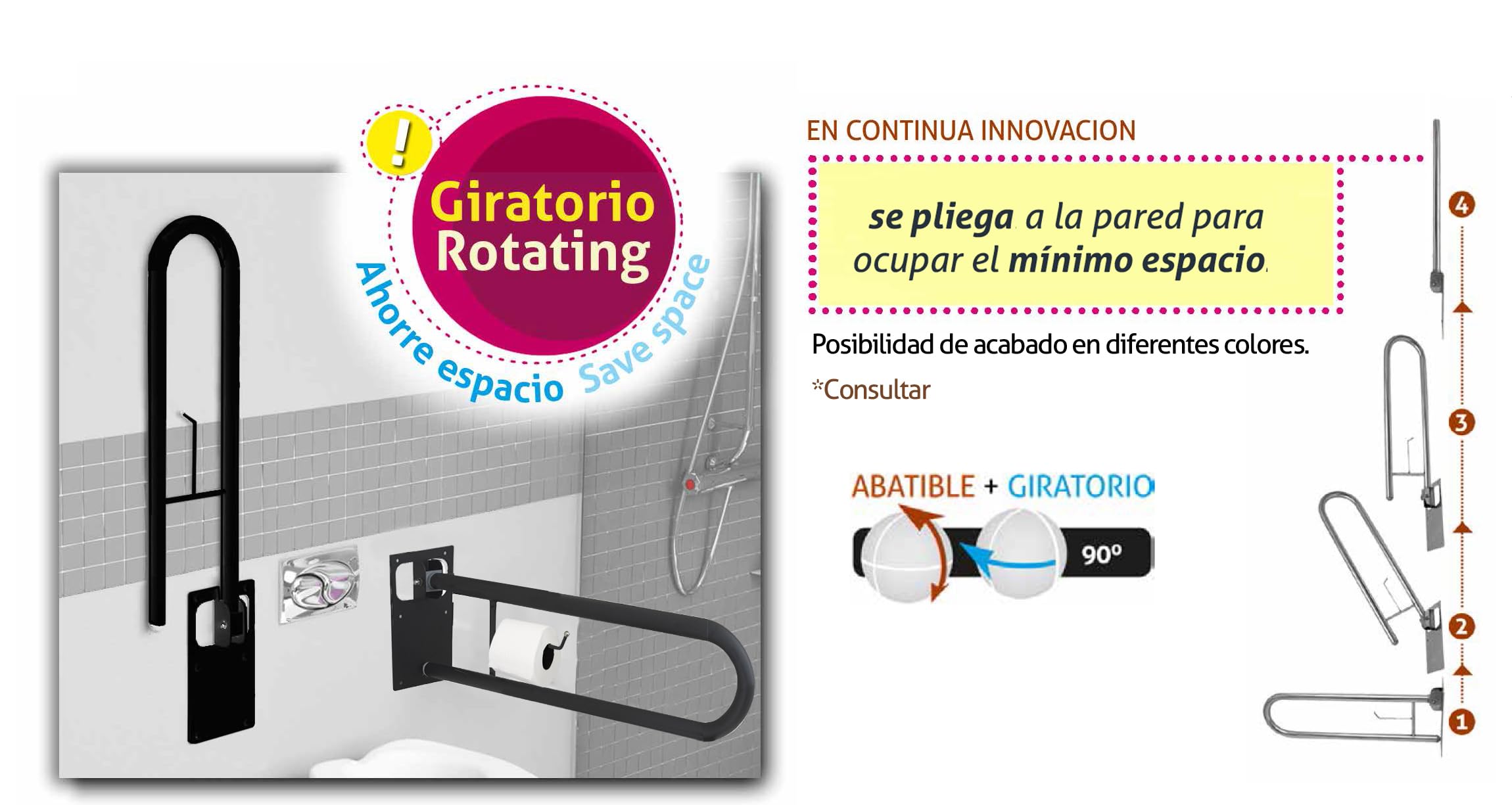 Barra Abatible de Acero con Portarrollos Incorporado, Barra Baño Minusválido, Barra WC Seguridad Giratoria y Plegable a Pared, Negro Mate, 73 cm