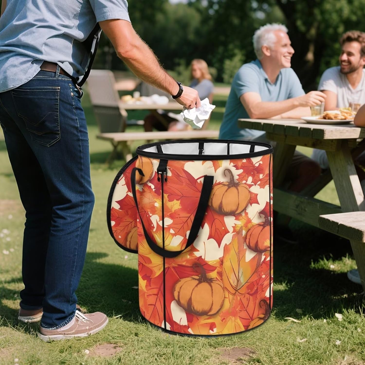 Cozeyat Black Pumpkin Collapsible Trash Can for Camping Garbage Outdoor Garden Bag Resuable Yard Waste Bag for Collecting Weeds, Grass Clippings