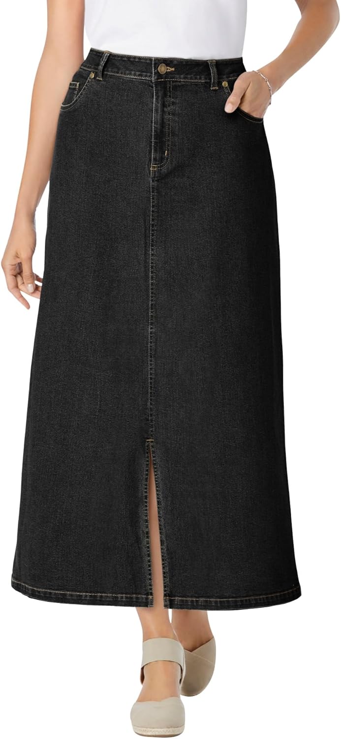 Woman Within Plus Size Stretch Denim Front-Slit Skirt