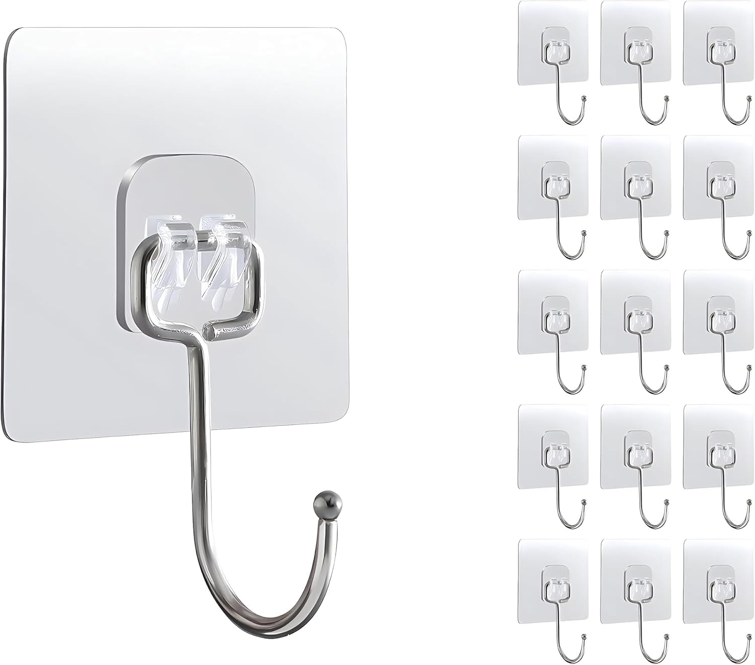 15-Pack Large Adhesive Hooks Heavy Duty 33 lbs - Transparent Waterproof Wall Hooks for Towels & Robes, No Damage