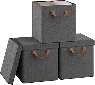 WOLTU Foldable Storage Boxes, Pack of 3, Fabric Boxes with Lid and Metal Frame, Storage Cubes for Living Room, Bedroom, Study, Multipurpose, Grey, 27 x 27 x 27 cm