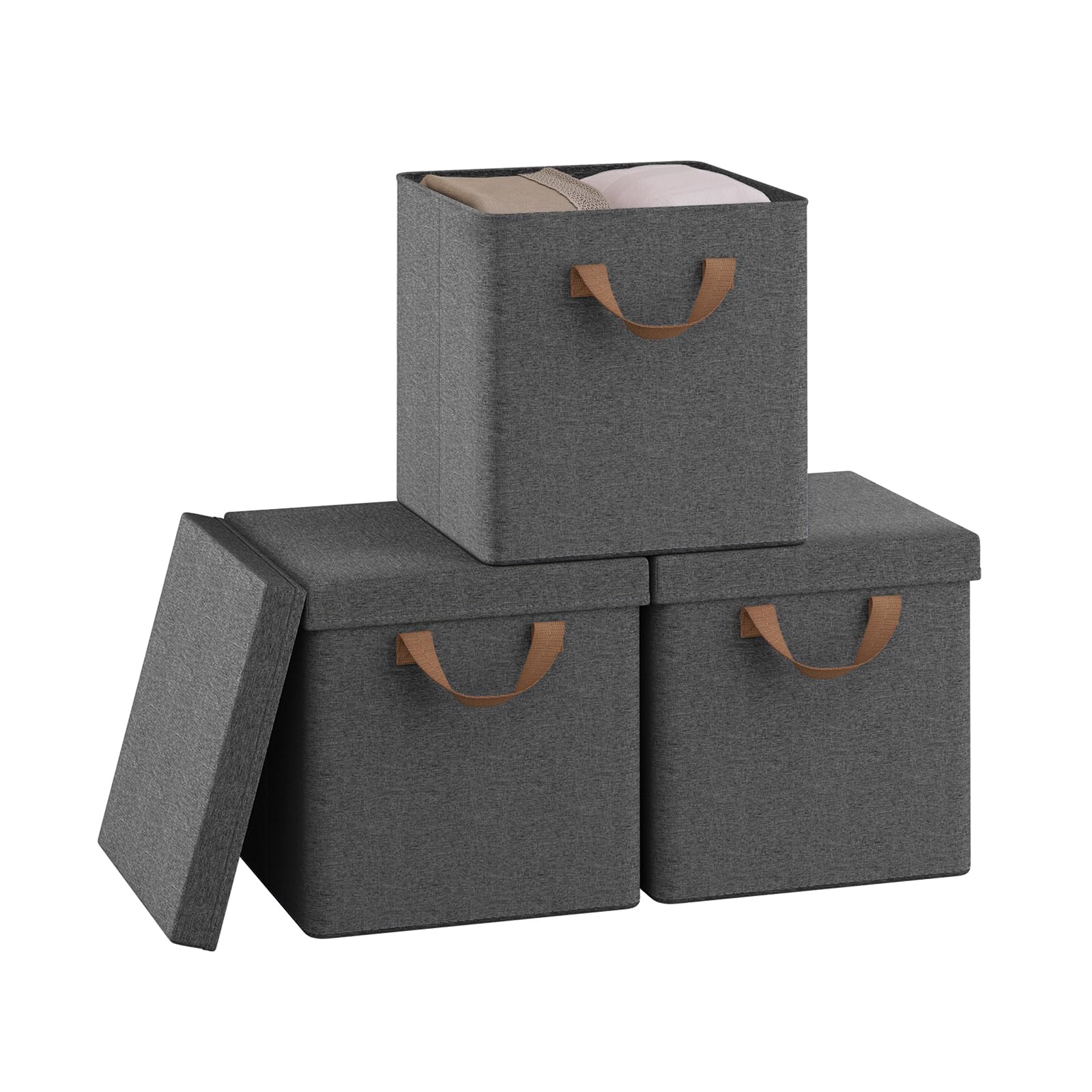 WOLTU Cajas Almacenaje con Tapa, Juego de 3 Cubos Almacenaje de Tela, Cajas Plegables con Asa y Marco Metálico, Organizadores para Estantería y Armario, 27x27x27 cm, Gris