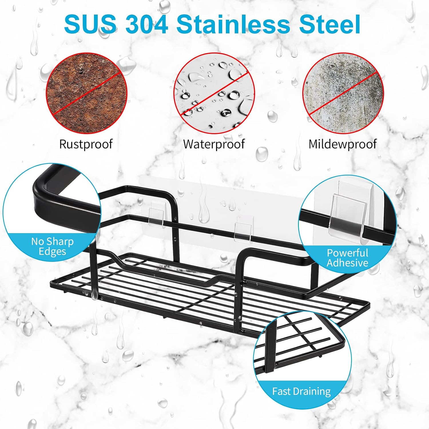 Shower Caddy Adhesive Basket Shelf Drill-Free Kitchen or Bathroom Organizer - Black Basket Shelves Hooks for Washroom Accessories Adhesive Stainless Steel Shampoo Holder, Kitchen Shelf Rack 2 Pck