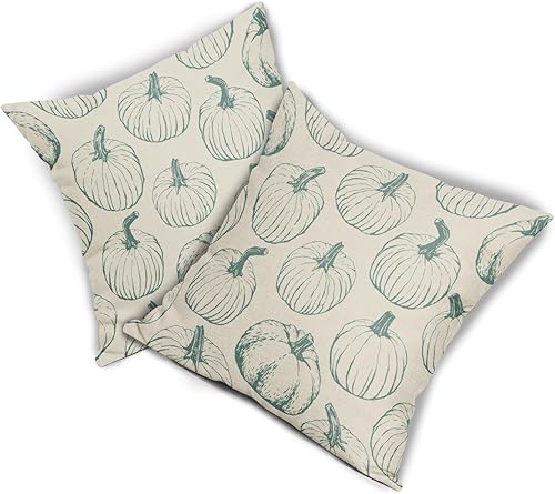 Miniatura 8 de Juego de 2 fundas de almohada de otoño de 18 x 18 pulgadas, diseño de calabaza azul claro, con estampado de cosecha de Acción de Gracias, fundas
