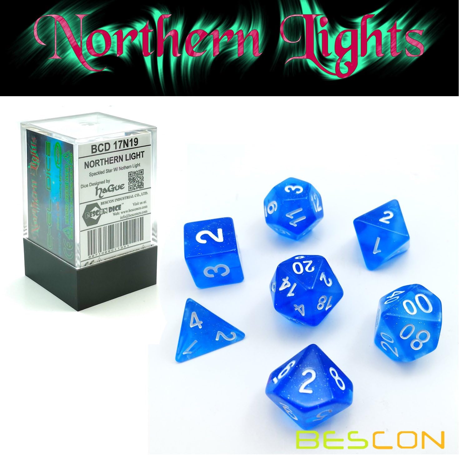 Bescon Super Glow in the Dark Nebula Glitter Polyhedral Dice Set Northern Light, Luminous RPG Dice Set,Glowing Novelty DND Game Dice Set, Novelty DND Game Dice d4 d6 d8 d10 d12 d20 d% in Brick Box image 2