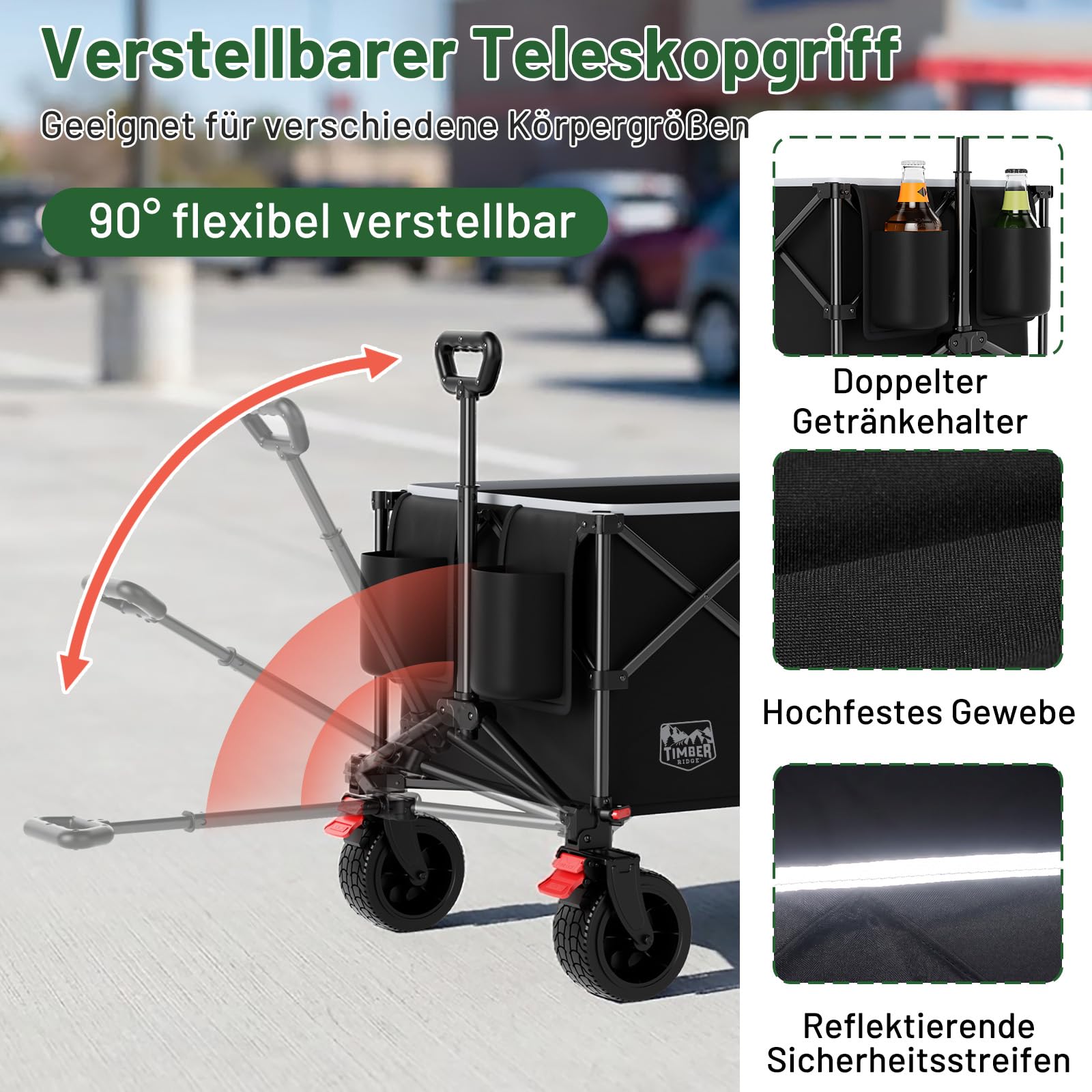 TIMBER RIDGE Faltbarer Bollerwagen 300L Klappbarer Strandwagen 150kg Traglast All-Terrain Räder mit Bremse