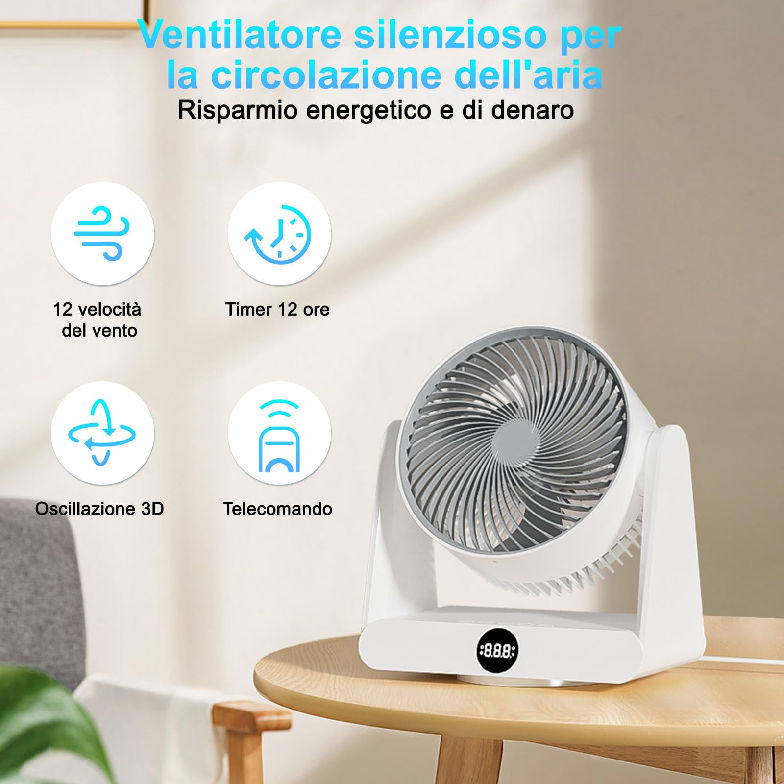 GuKKK Ventilatore da Tavolo Ultra-Silenzioso, Ventilatore di Circolazione Dell'aria, Ventilatori Desktop Portatile con Telecomando, 12 Velocità Regolabili, Timer 12H, 90° Inclinazione Regolabile
