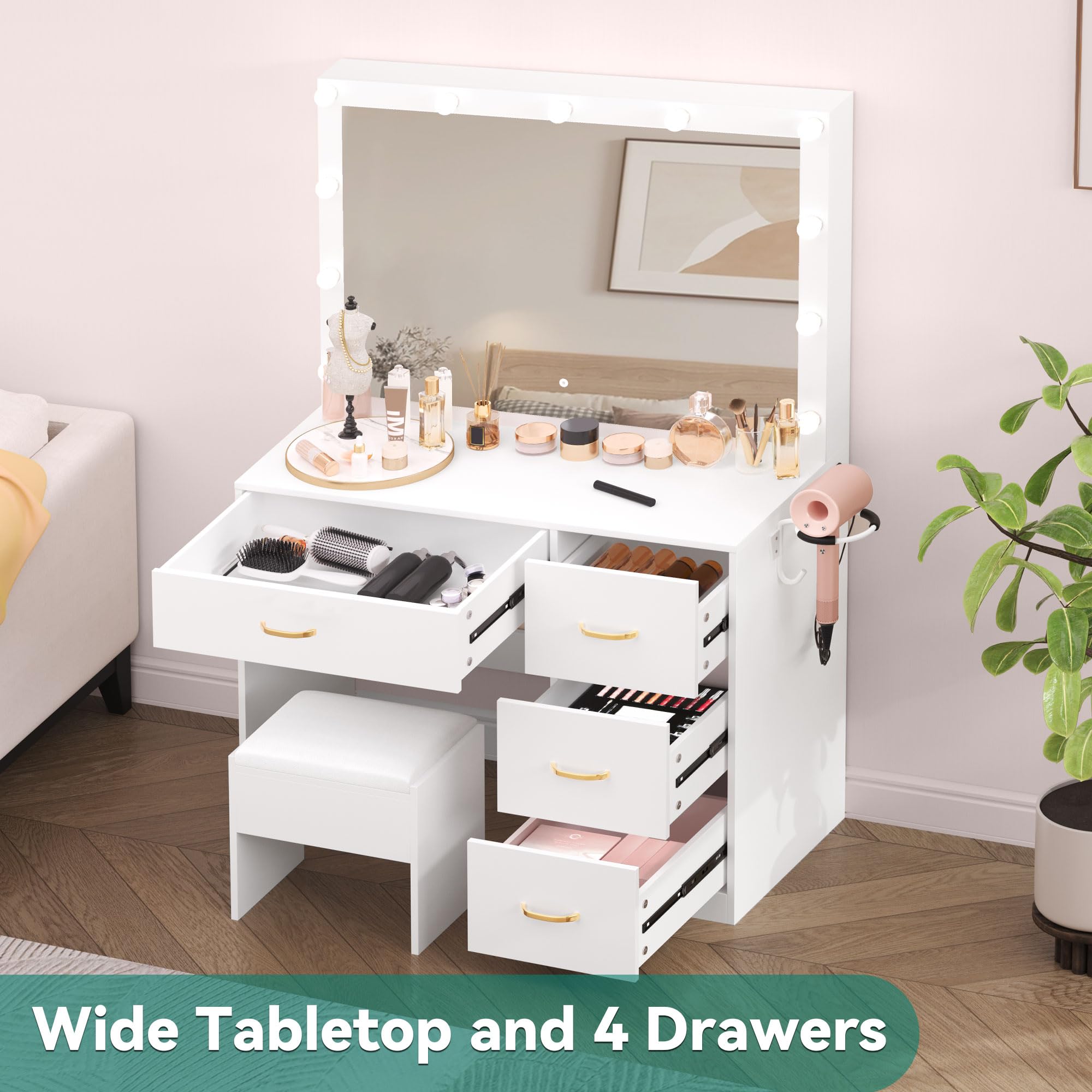 YITAHOME Schminktisch mit Spiegel, Kosmetiktisch mit 4 Schubladen, Frisiertisch mit Hocker, Beleuchtung, Steckdose, Weiß (Make Up Tisch, Frisiertisch, Kosmetiktisch, Vanity Table)