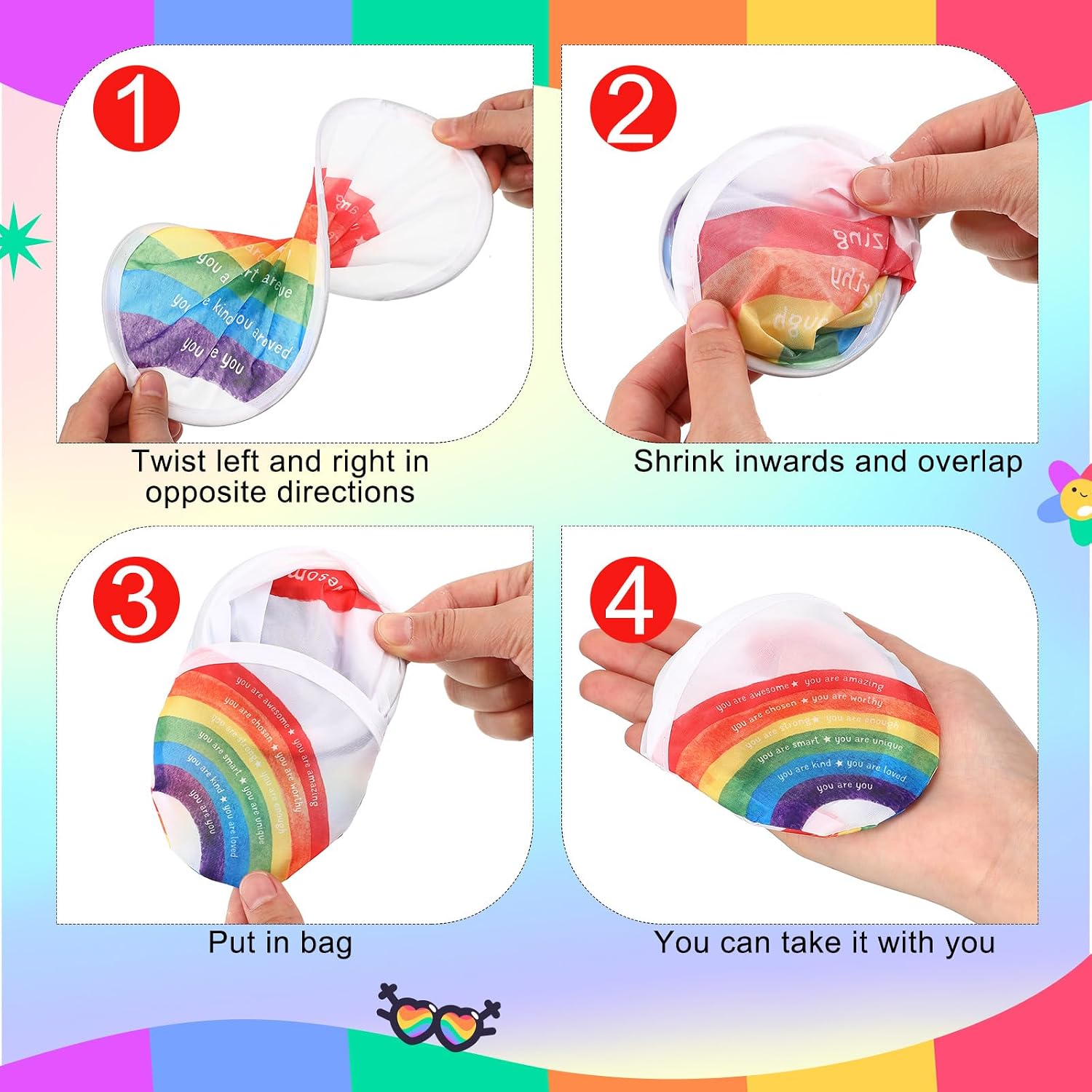 HyDren End of Year Gifts Rainbow Foldable Flying Disc Fans Bulk with Inspirational Card and Organza Bag Beach Flying Disc for Summer Birthday Fun Party Favors Outdoor Activity Game