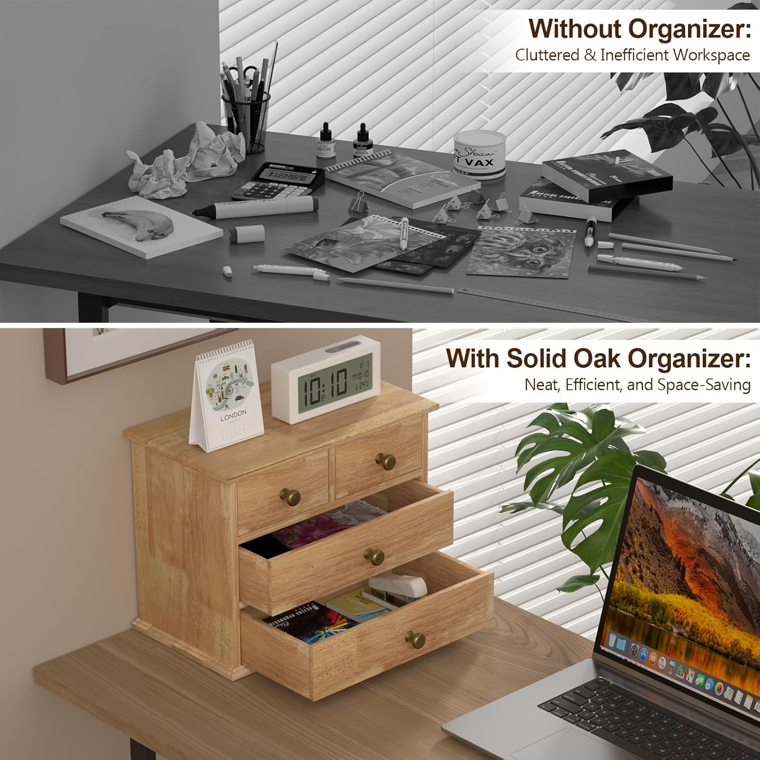 Oak Desk Organizer with Drawers, Wooden Desktop Storage Box with Metal Handles & Non-Slip Silicone Pads, 4 Drawer Tabletop Organizer for Office, Bedroom, Bathroom, Vanity, Makeup – Light Burnt Brown