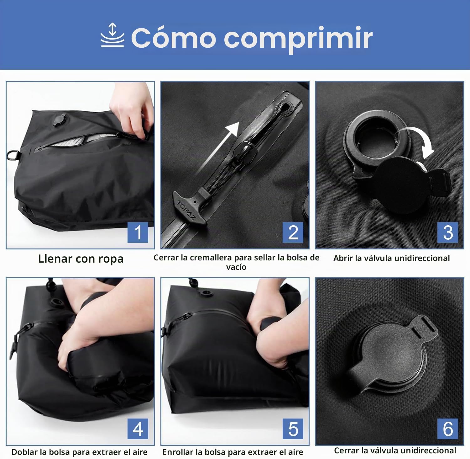 16L Bolsas de Vacio para Ropa 2 Unidades, Impermeables Plegables con Ventana Transparente – Bolsas Compresión Viaje Sin Bomba (Negro)