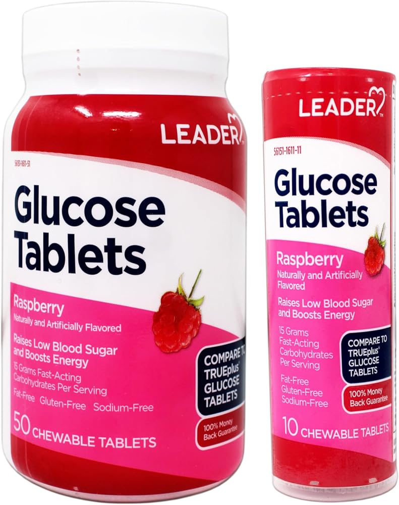 Leader Glucose Tablets, Fast Acting, Great Tasting, Fat-Free, Gluten-Free, Raspberry Flavor 50 Chewable Tablets with On-The-Go 10 Tablets Tube