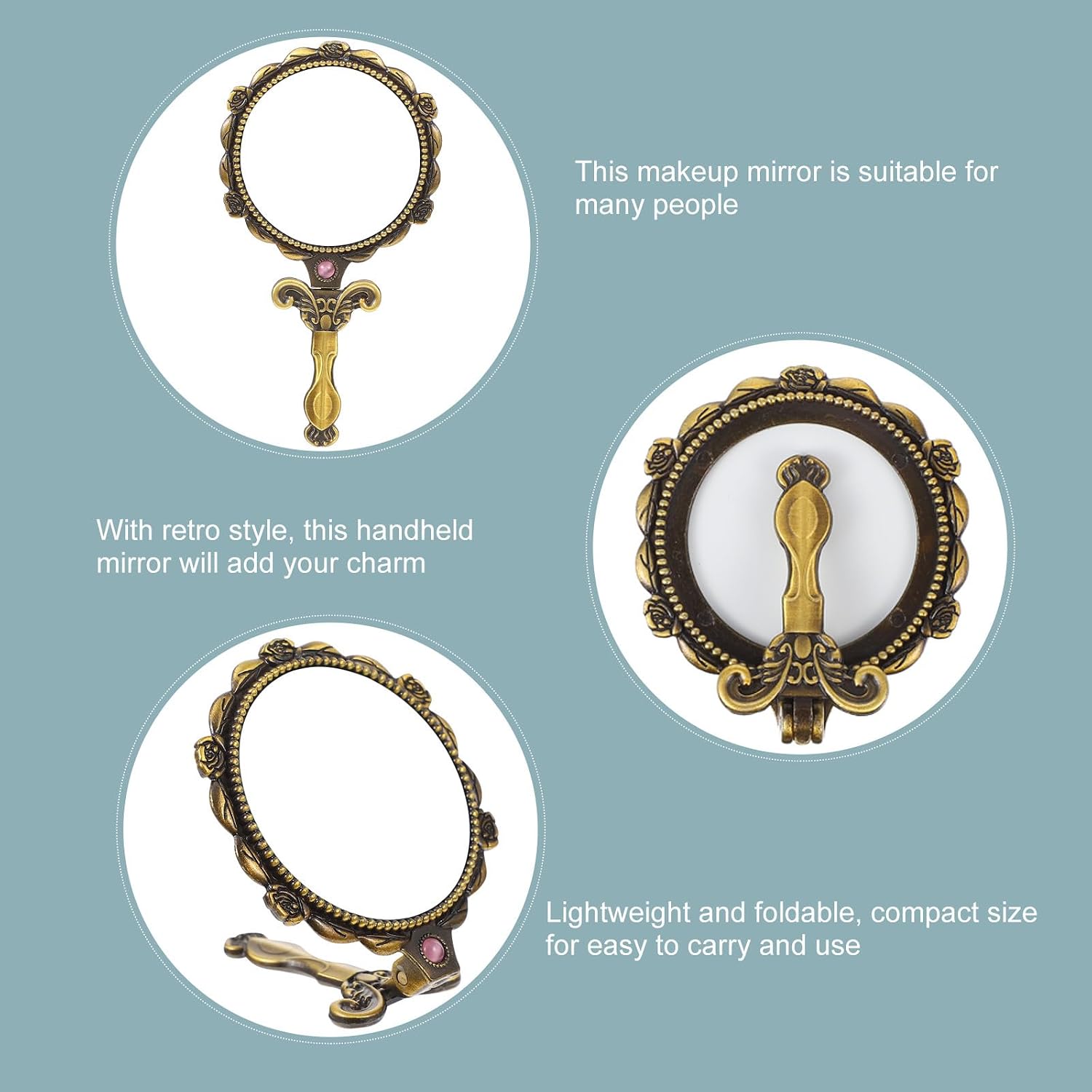 Portable Foldable Handheld Makeup Mirror Vintage Round Metallic Tone Mini Pocket Mirror for Travel and Personal Beauty Use image 5